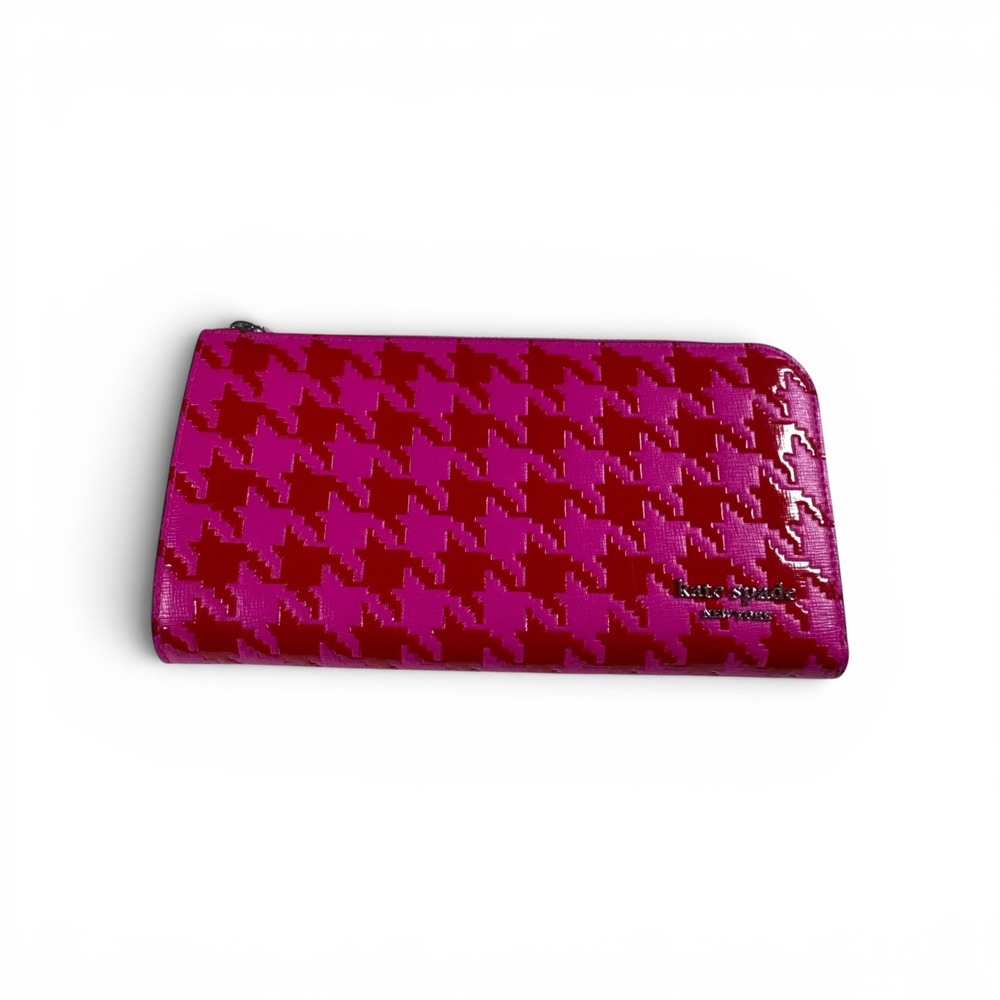 Kate Spade New York Pink Red Houndstooth Patent Zip‎ Around Wallet Leather